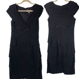 Alex Evenings Womens Black Beaded Cocktail Dress Size 10 Shutter Pleated V-Neck